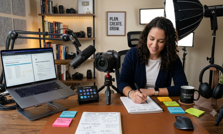 Digital content creator analyzing business analytics